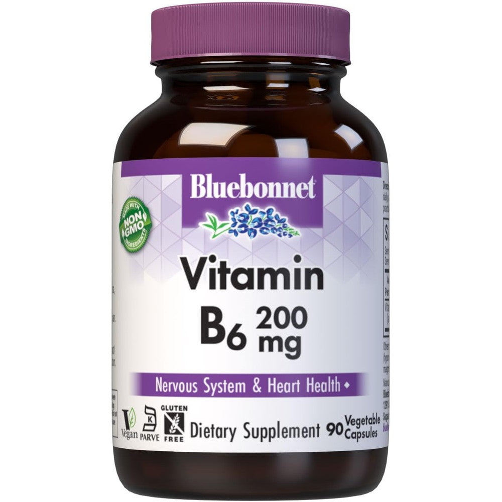 Bluebonnet Nutrition Vitamin B6 200mg front view bottle for cardiovascular health
