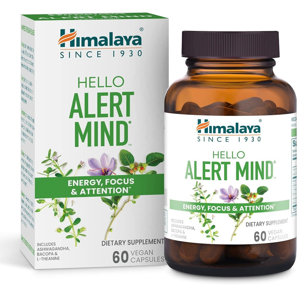 Himalaya Hello Alert Mind front view with botanical ingredients