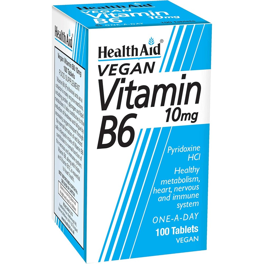 HealthAid Vitamin B6 Pyridoxine HCl 10mg bottle front view for energy metabolism support
