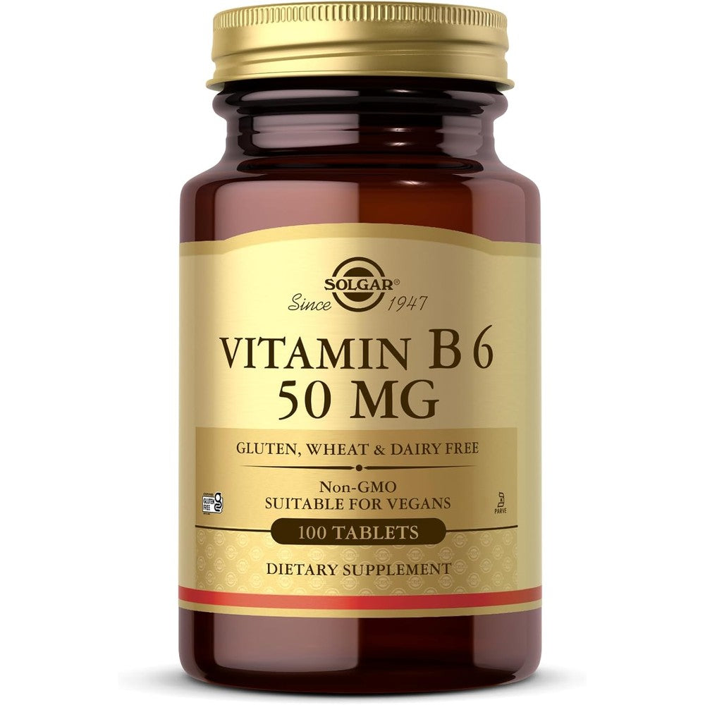 Solgar Vitamin B6 50mg 100 Tablets amber glass bottle front view for energy metabolism support