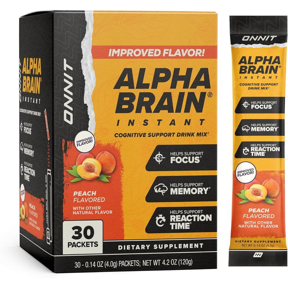Onnit Alpha Brain Instant Peach 30 Packets front view