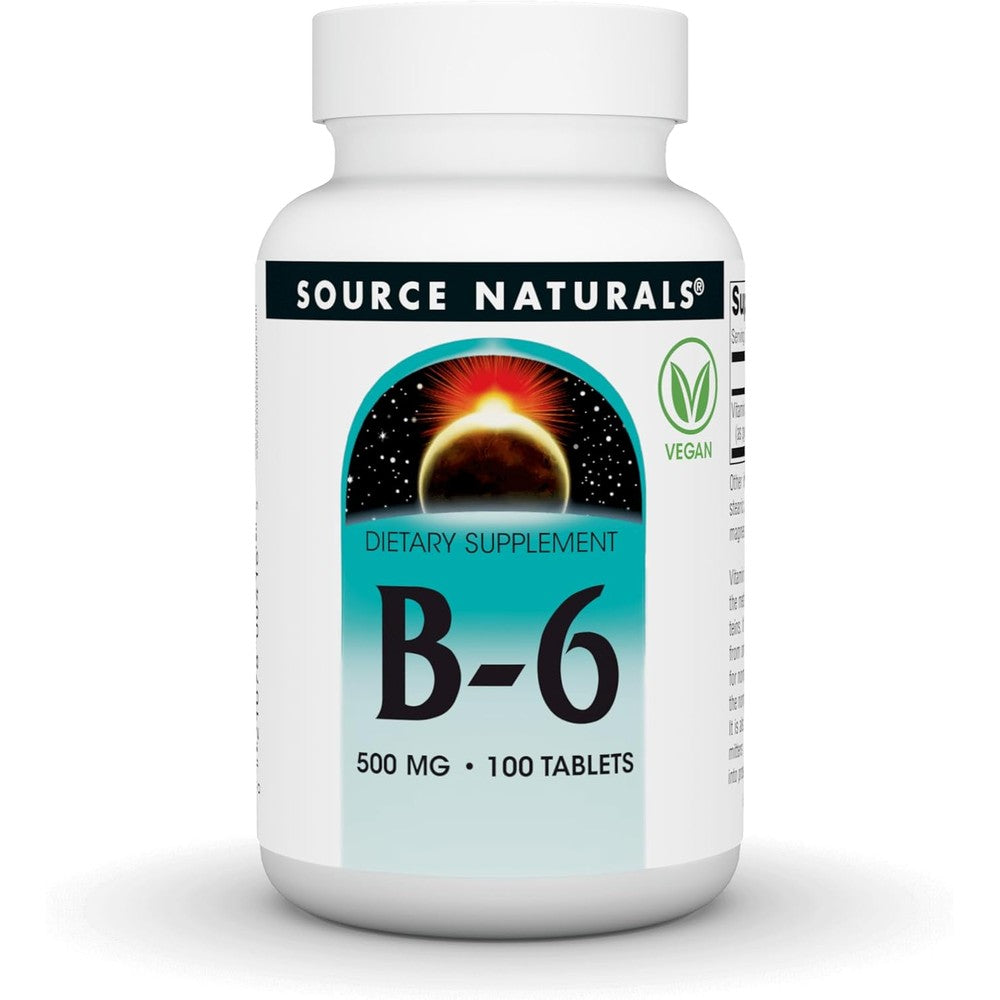 Source Naturals Vitamin B6 500mg front view showing authentic imported label for cellular energy support.