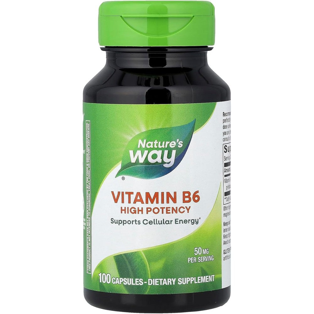 Nature's Way High Potency Vitamin B6 50mg 100 capsules front view bottle for cellular energy support.