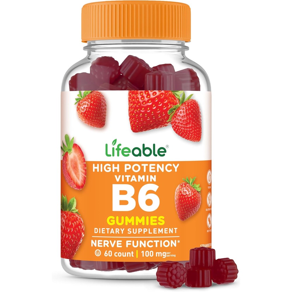 Lifeable Vitamin B6 Gummies 100 Milligrams bottle front view authentic import