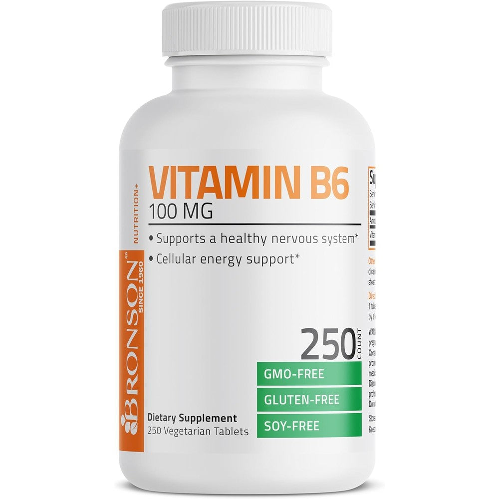 Bronson Vitamin B6 100 mg 250 Tablets bottle front view for metabolism support