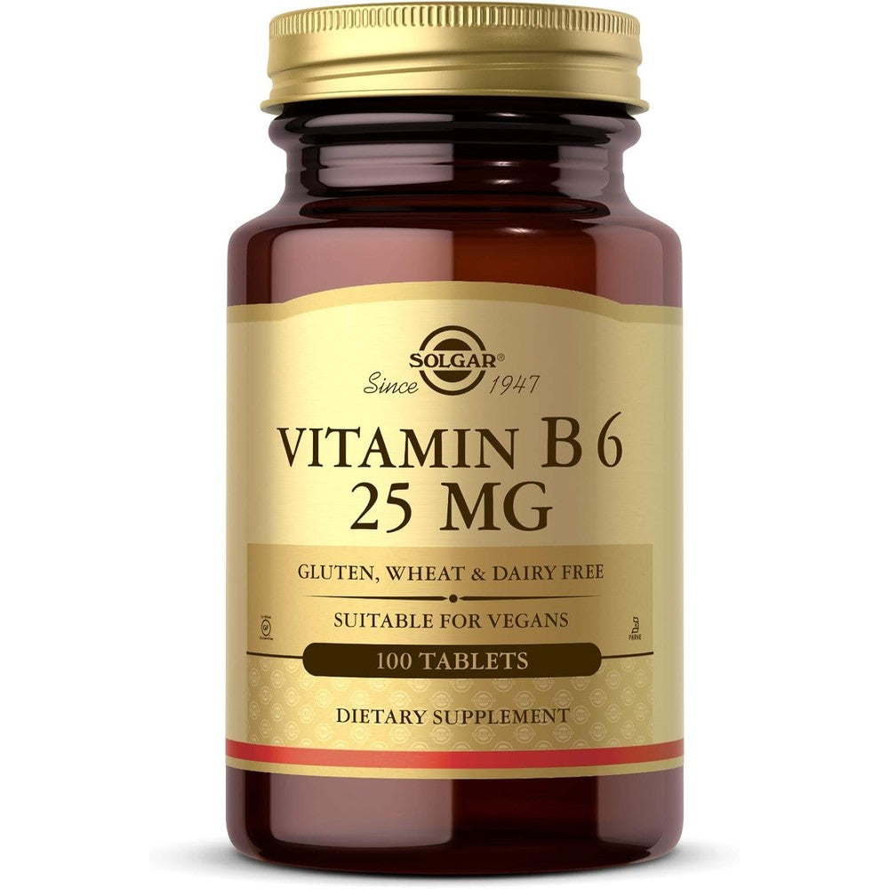 Solgar Vitamin B6 25 Milligrams 100 Tablets front view bottle for energy metabolism.