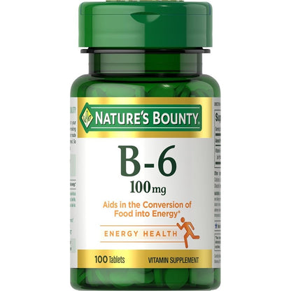 Nature's Bounty Vitamin B6 100mg Tablets front view for energy metabolism support.