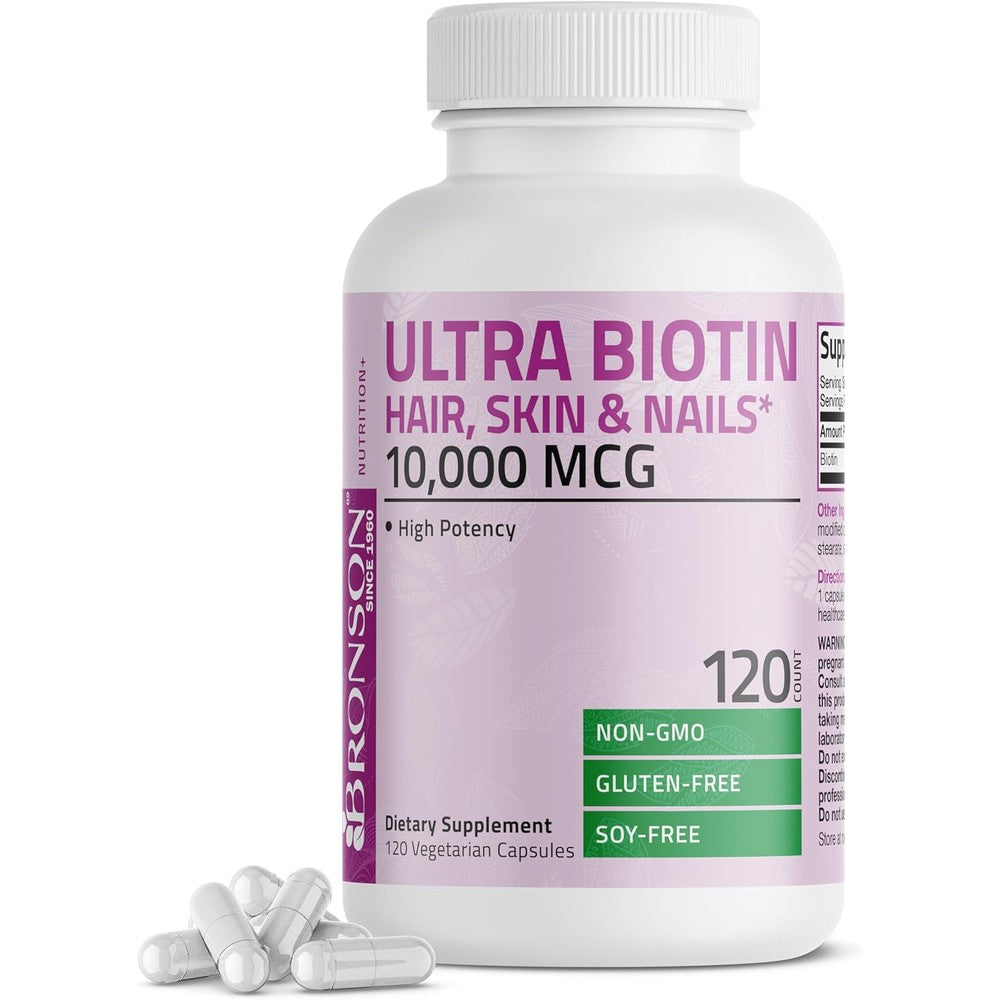 Bronson Ultra Biotin 10000 mcg 120 capsules front bottle view for hair health