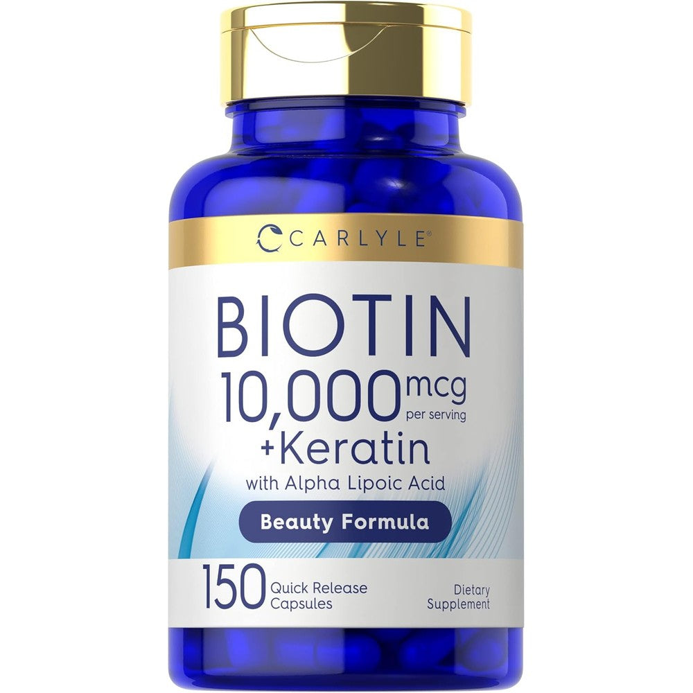 Carlyle Biotin 10000 mcg 150 capsules front view of blue bottle with gold lid for hair skin and nails support