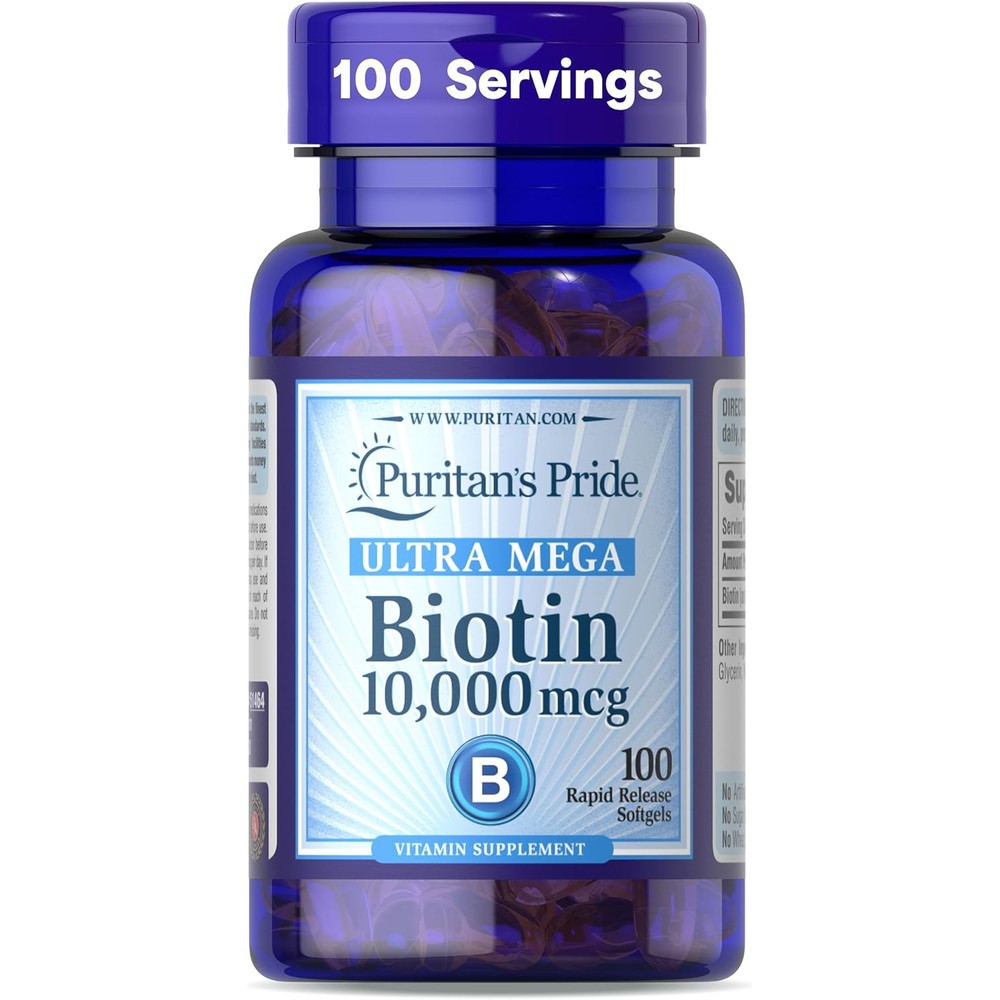 Puritans Pride Biotin 10000 mcg 100 softgels front bottle view showing maximum strength label