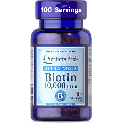 Puritans Pride Biotin 10000 mcg 100 softgels front bottle view showing maximum strength label