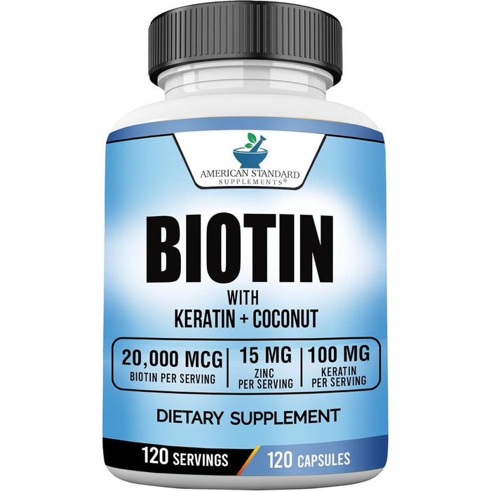 American Standard Supplements Biotin 20,000 mcg front view bottle for hair growth