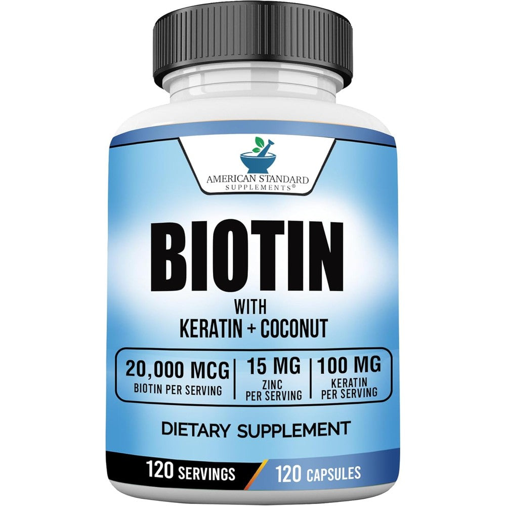 American Standard Supplements Biotin 20,000 mcg front view bottle for hair growth