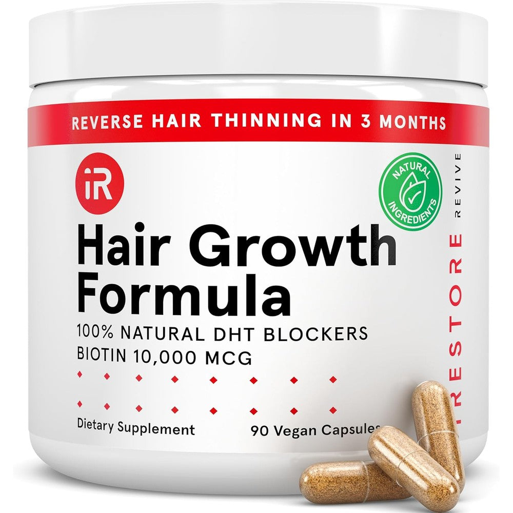 iRestore Hair Growth Supplement front view bottle containing ninety vegan capsules for hair thinning solutions