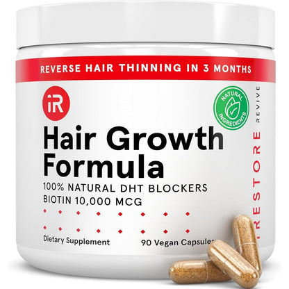 iRestore Hair Growth Supplement front view bottle containing ninety vegan capsules for hair thinning solutions