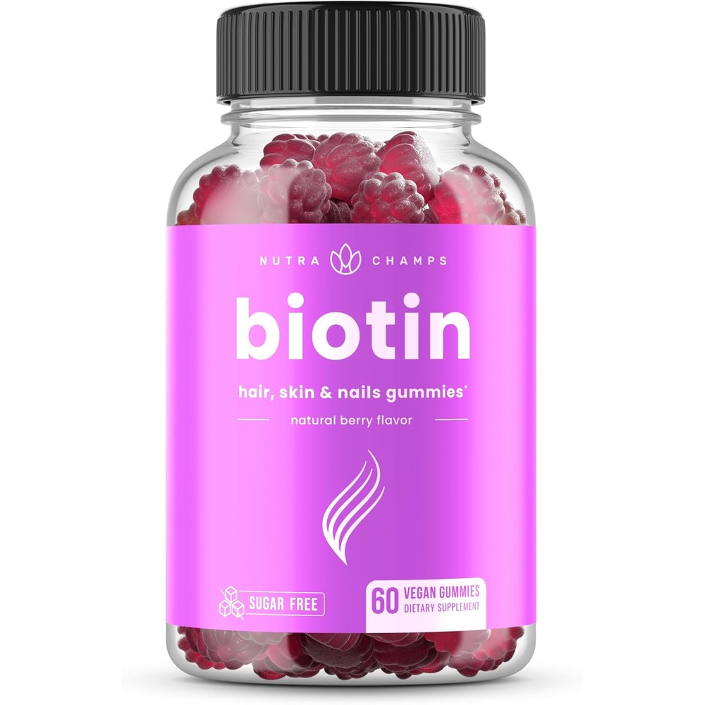 NutraChamps Sugar Free Biotin 60 Gummies front bottle view showing vegan hair skin and nails formula