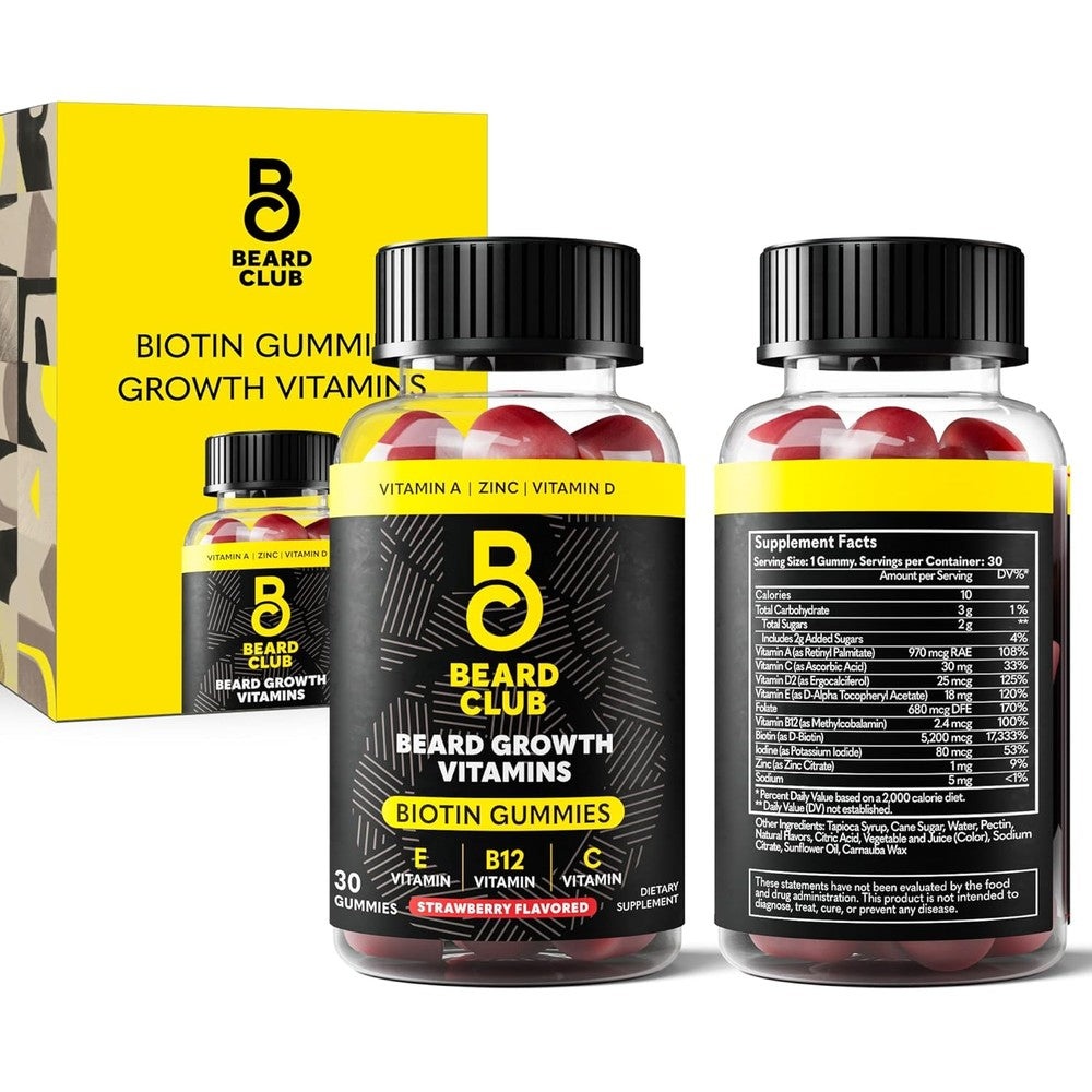 The Beard Club Biotin Beard Growth Vitamin Gummies front view showing strawberry flavor details