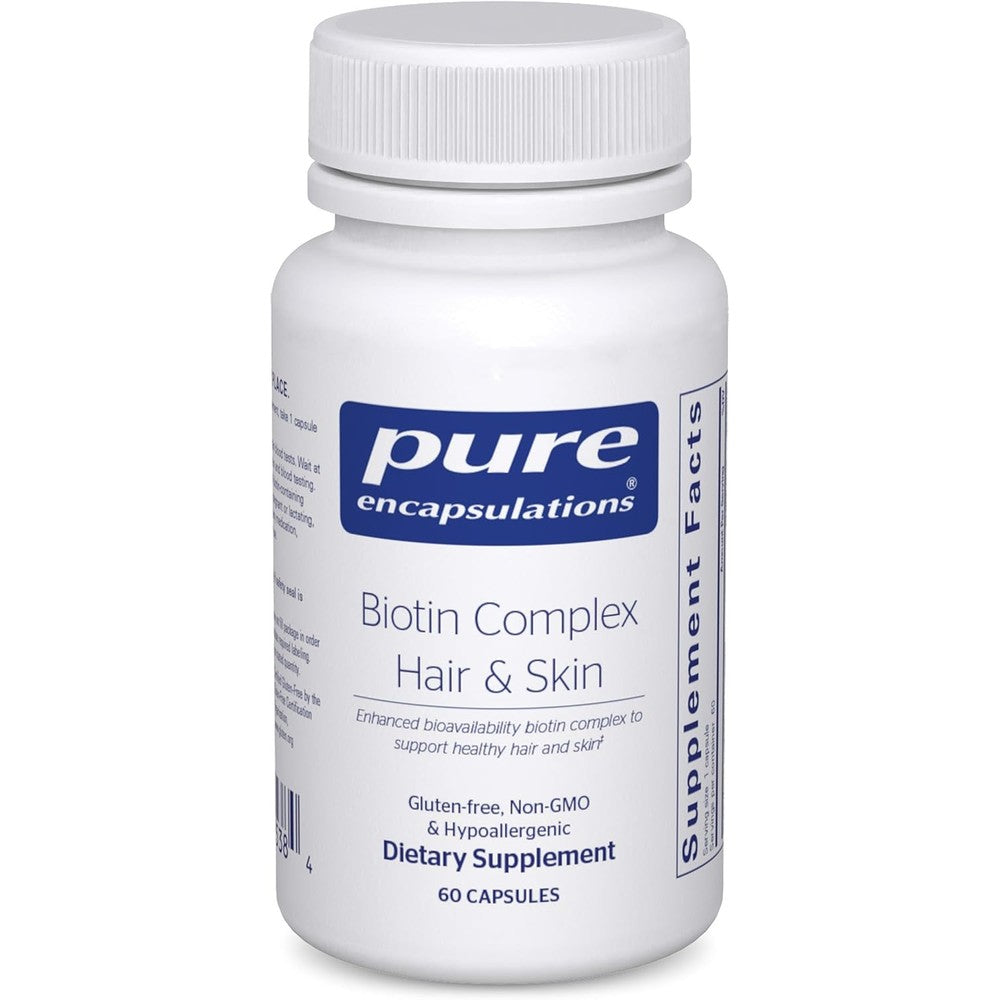 Pure Encapsulations Biotin Complex Hair And Skin Support 60 capsules front view bottle showing premium supplement label for biotin absorption.
