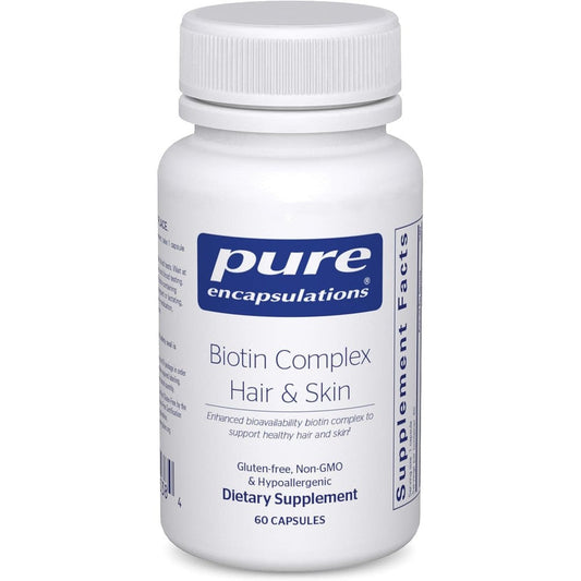 Pure Encapsulations Biotin Complex Hair And Skin Support 60 capsules front view bottle showing premium supplement label for biotin absorption.