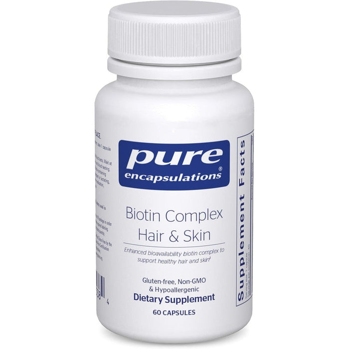 Pure Encapsulations Biotin Complex Hair And Skin Support 60 capsules front view bottle showing premium supplement label for biotin absorption.