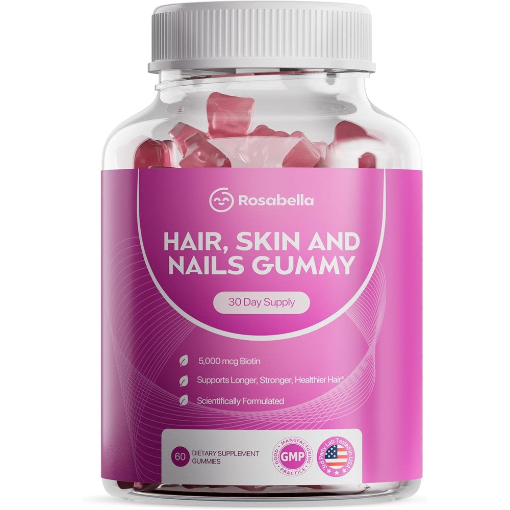 Rosabella Hair Growth Gummies bottle front view showcasing five thousand micrograms biotin formula