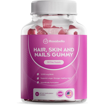 Rosabella Hair Growth Gummies bottle front view showcasing five thousand micrograms biotin formula