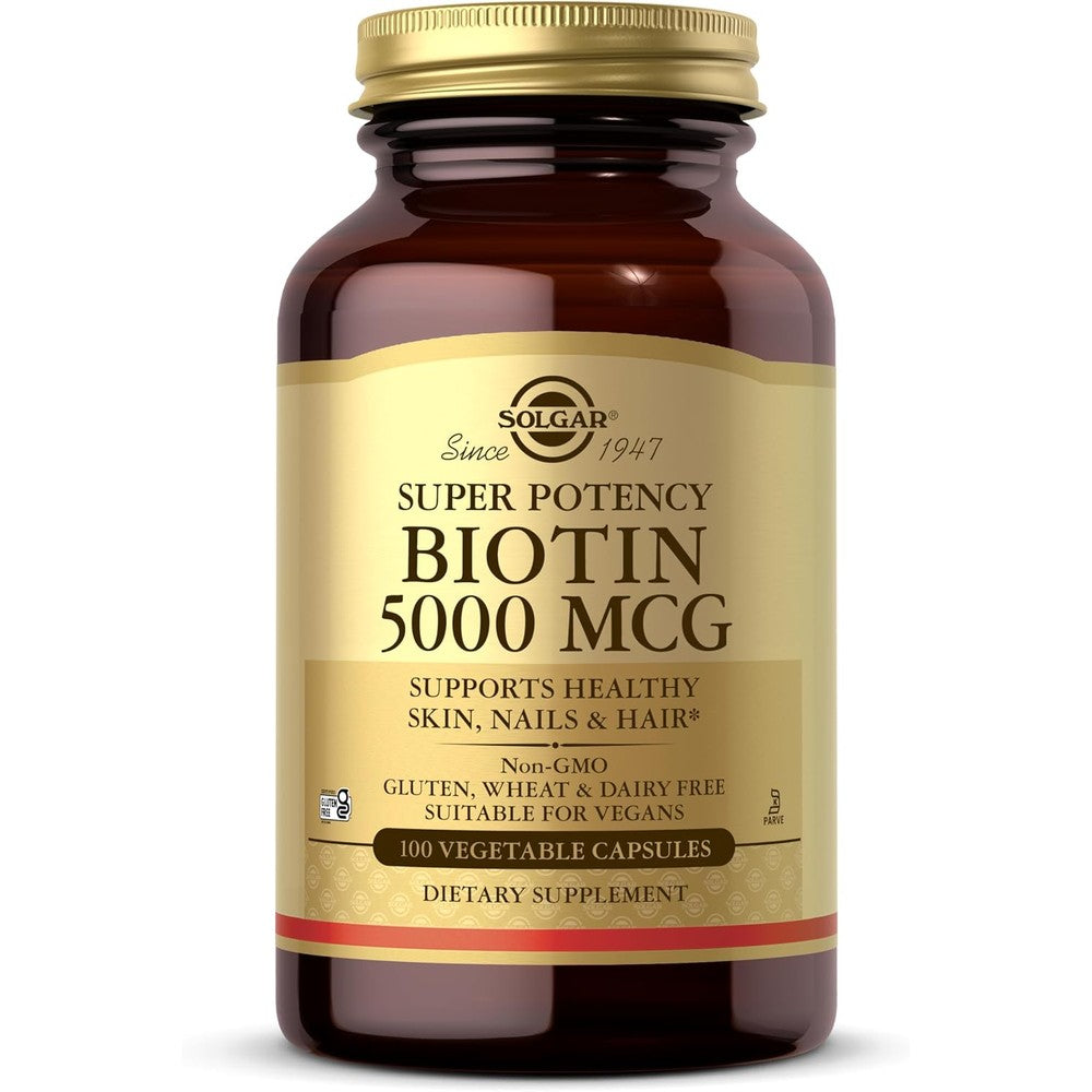 Solgar Biotin 5000 mcg 100 vegetable capsules front view bottle for healthy hair