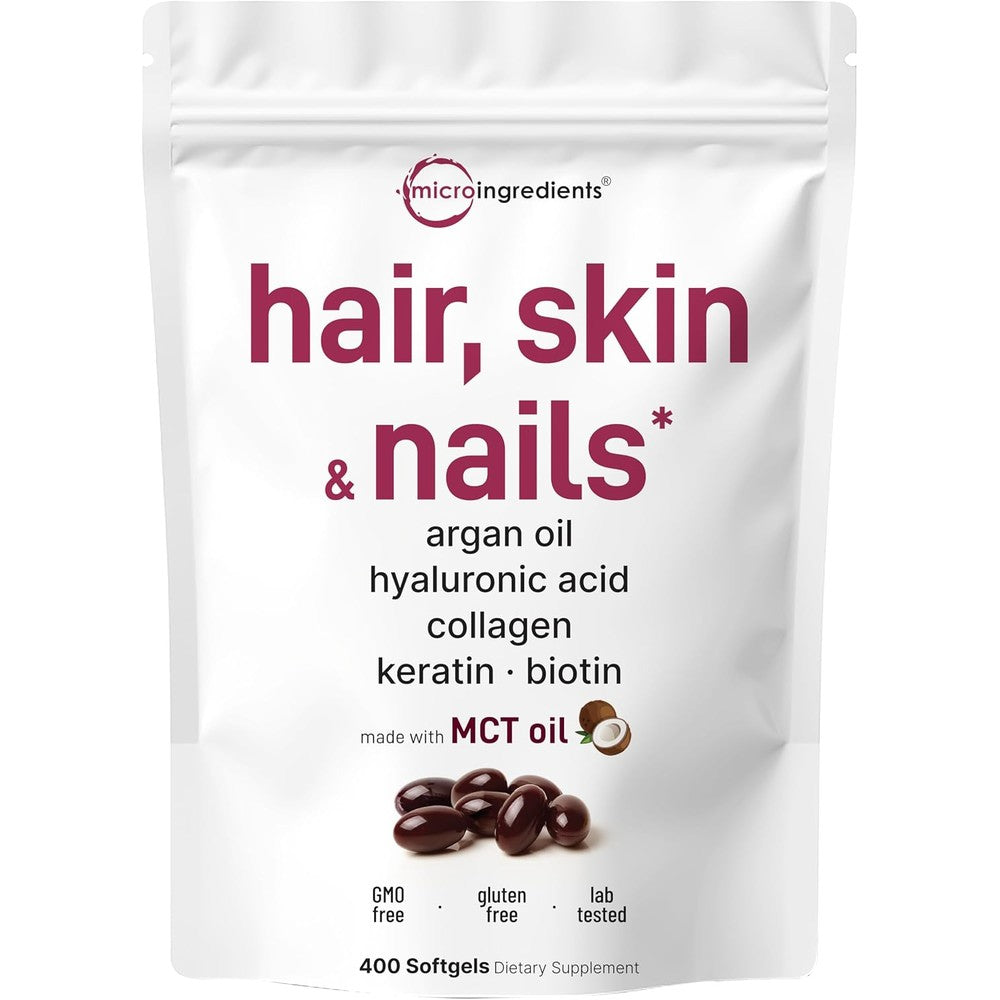 Micro Ingredients Hair Skin and Nails Vitamins front view bottle showcasing the 400 softgels count and 22 in 1 formula.