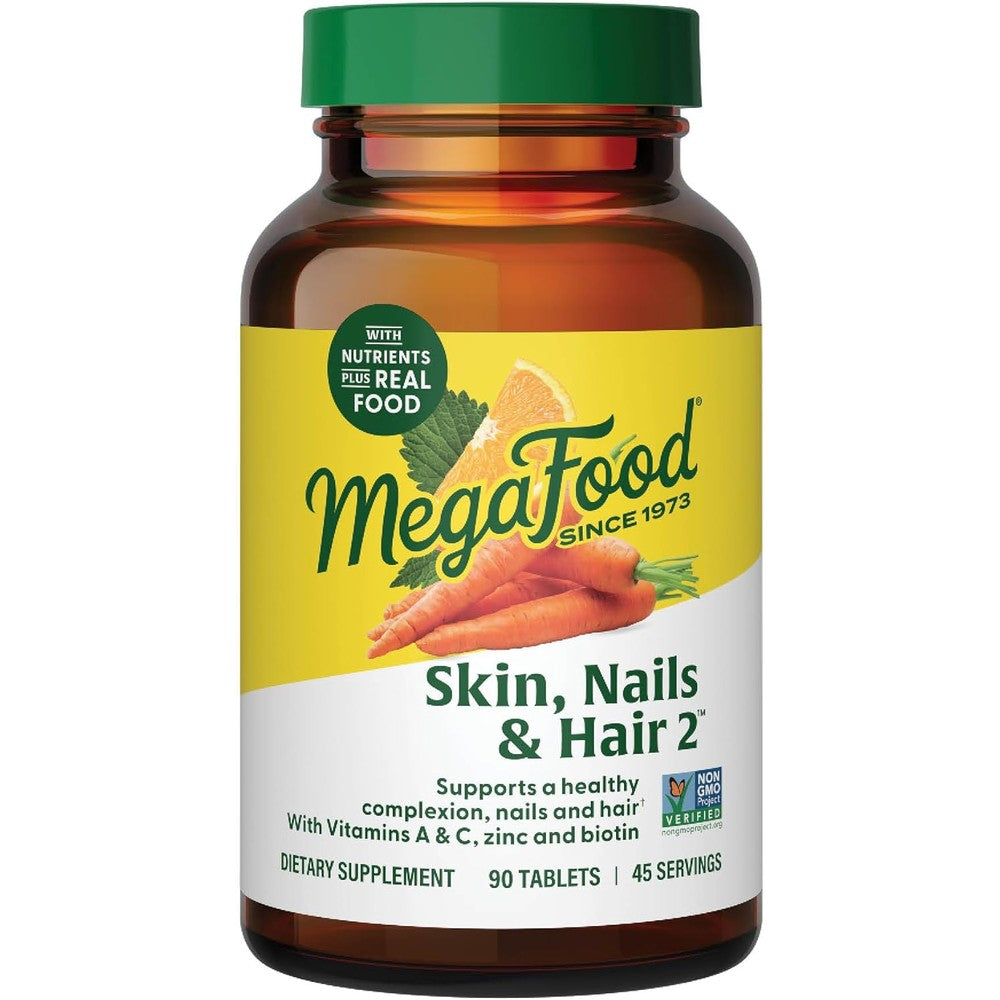 MegaFood Skin Nails Hair 2 ninety tablets bottle front view showcasing premium biotin supplement.