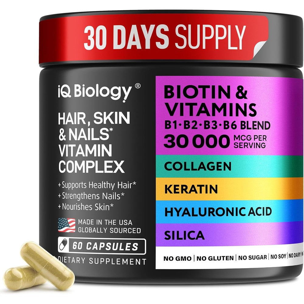 IQ BIOLOGY Biotin 30000 mcg Hair Growth 60 Capsules front bottle view