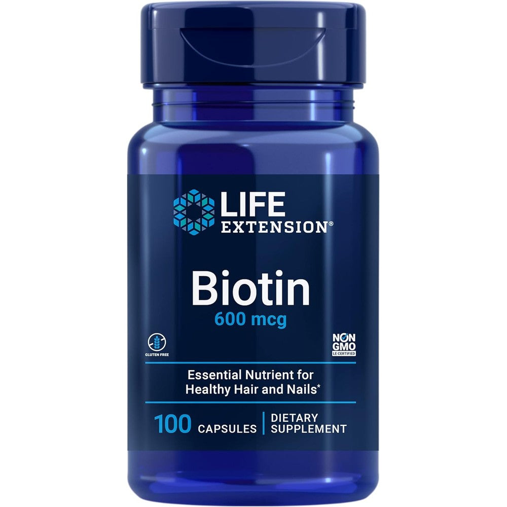 Life Extension Biotin 600 mcg front bottle view hair supplement