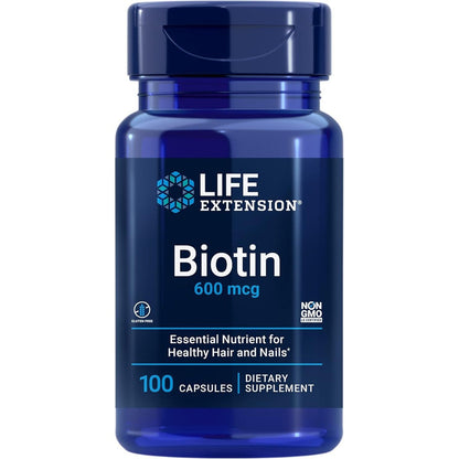 Life Extension Biotin 600 mcg front bottle view hair supplement