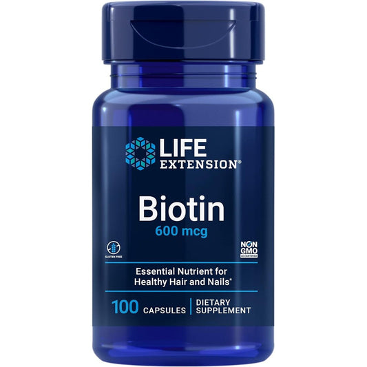 Life Extension Biotin 600 mcg front bottle view hair supplement