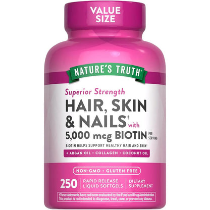 Nature's Truth Hair Skin Nails Vitamins 250 softgels front bottle view