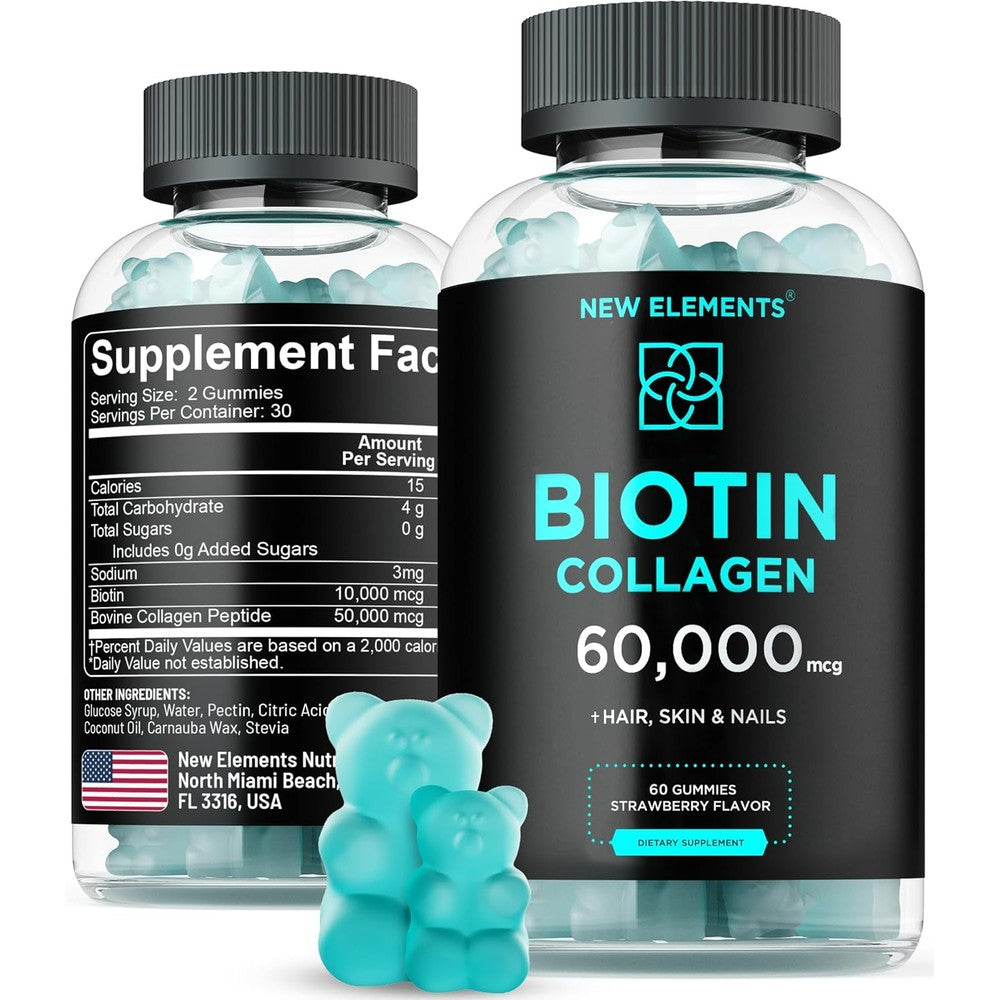 New Elements Biotin and Collagen Peptides Gummies front view bottle for hair growth