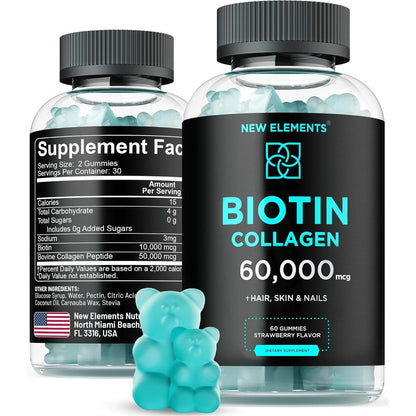New Elements Biotin and Collagen Peptides Gummies front view bottle for hair growth