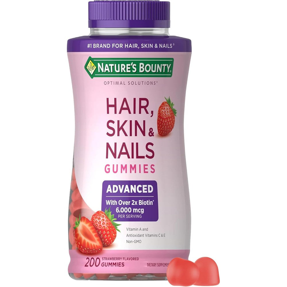 Natures Bounty Advanced Hair Skin and Nails Gummies 200 Count front bottle view showing strawberry flavor
