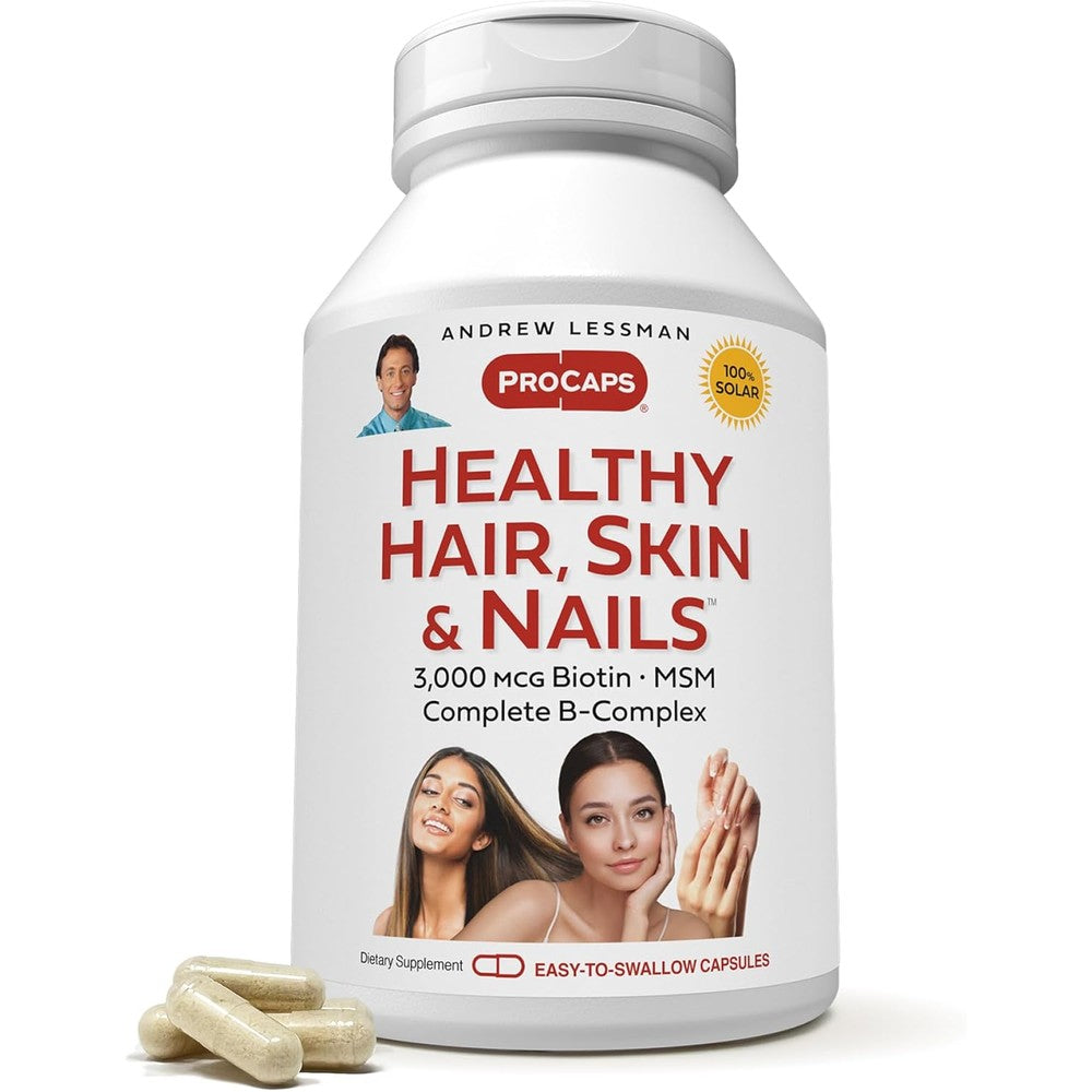 Andrew Lessman Healthy Hair Skin And Nails 60 Capsules front view bottle showcasing biotin hair growth supplement