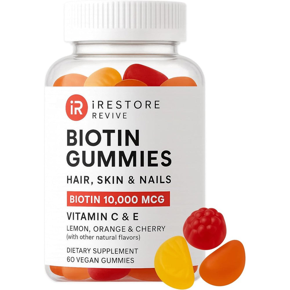 iRestore Biotin Gummies 10000mcg front view bottle for hair growth