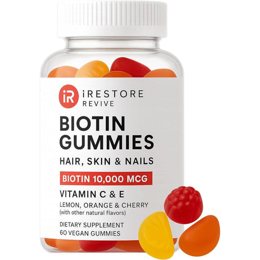 iRestore Biotin Gummies 10000mcg front view bottle for hair growth