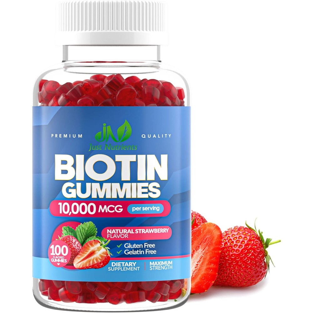 Just Nutrients Biotin 10000mcg Gummies front view bottle for hair growth vitamins