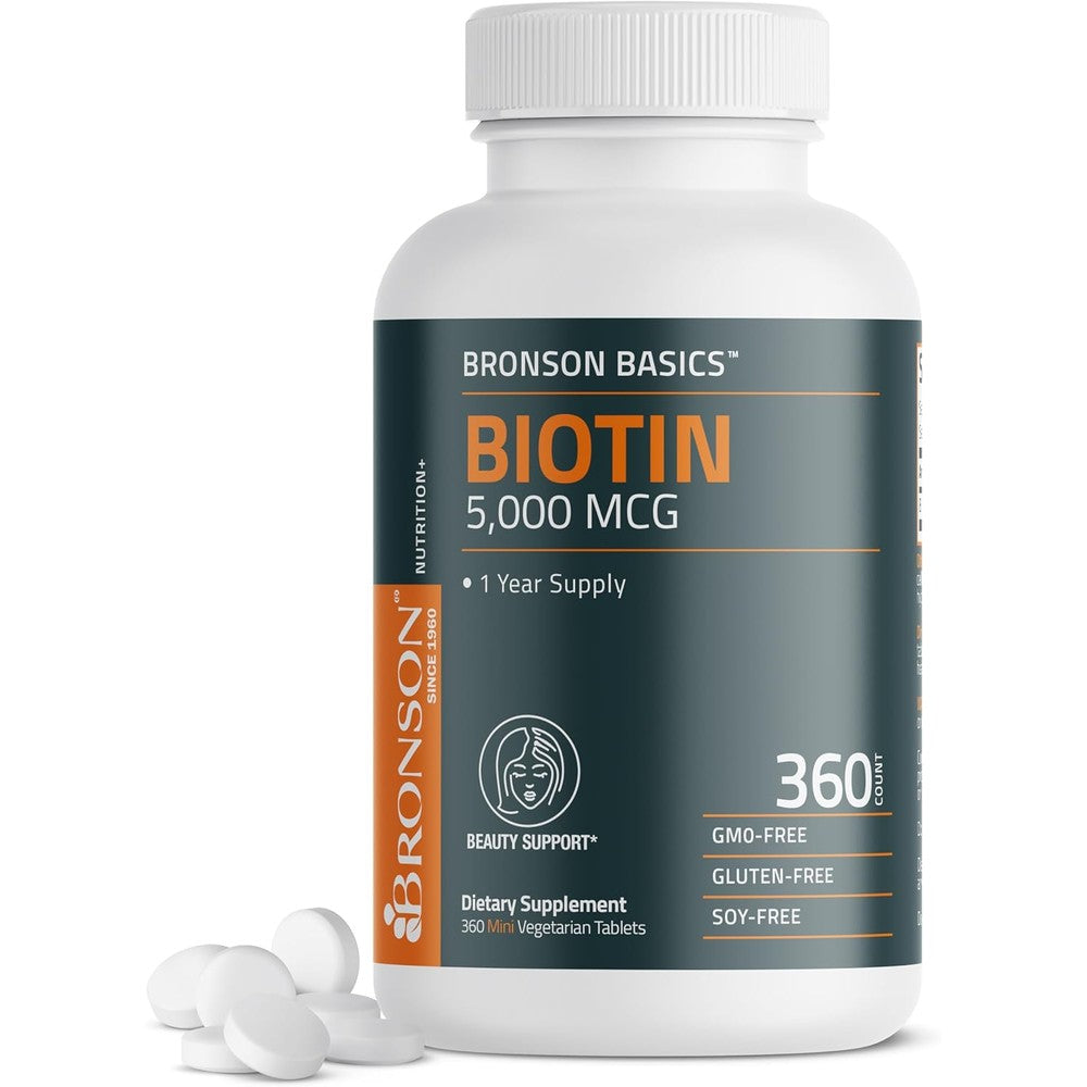 Bronson Biotin 5000 mcg 360 vegetarian tablets front view for hair growth support