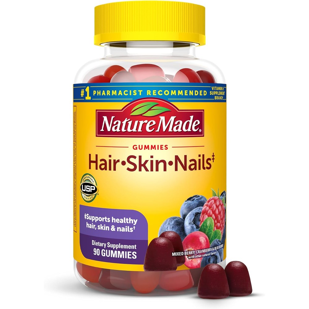 Nature Made Hair Skin and Nails Gummies 90 count front bottle view showing mixed berry flavor details.