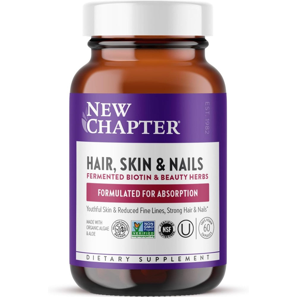 New Chapter Biotin Hair Skin Nails supplement front view of the amber glass bottle containing 60 vegan tablets