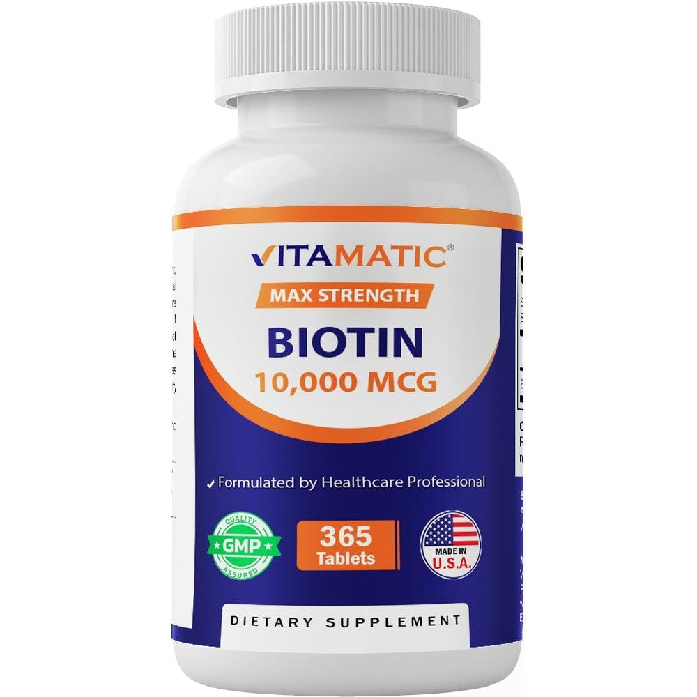 Vitamatic Biotin 10,000 mcg 365 vegan tablets front view bottle for hair growth