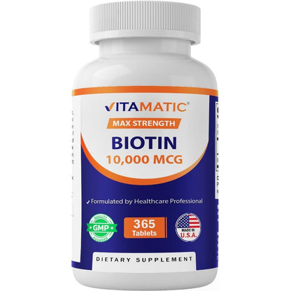 Vitamatic Biotin 10,000 mcg 365 vegan tablets front view bottle for hair growth