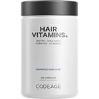 Codeage Hair Vitamins bottle front view showing minimalist white label with bold black text