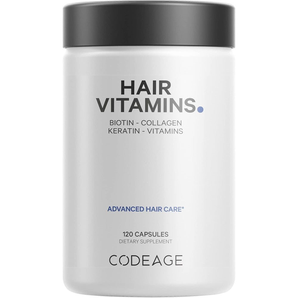 Codeage Hair Vitamins bottle front view showing minimalist white label with bold black text