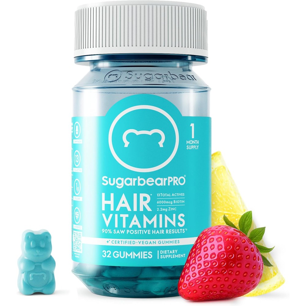 SugarBearPro Extra Strength Hair Vitamin Gummies front view showing the blue bottle packaging for hair growth