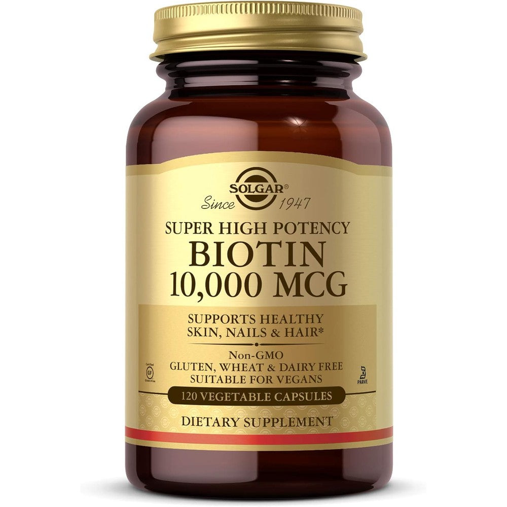 Solgar Super High Potency Biotin 10000 mcg 120 vegetable capsules front view bottle